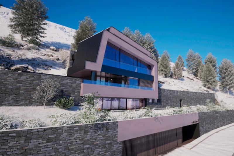 Vue extérieure d'une maison d'architecture rustique moderne française, intégrée harmonieusement dans le paysage