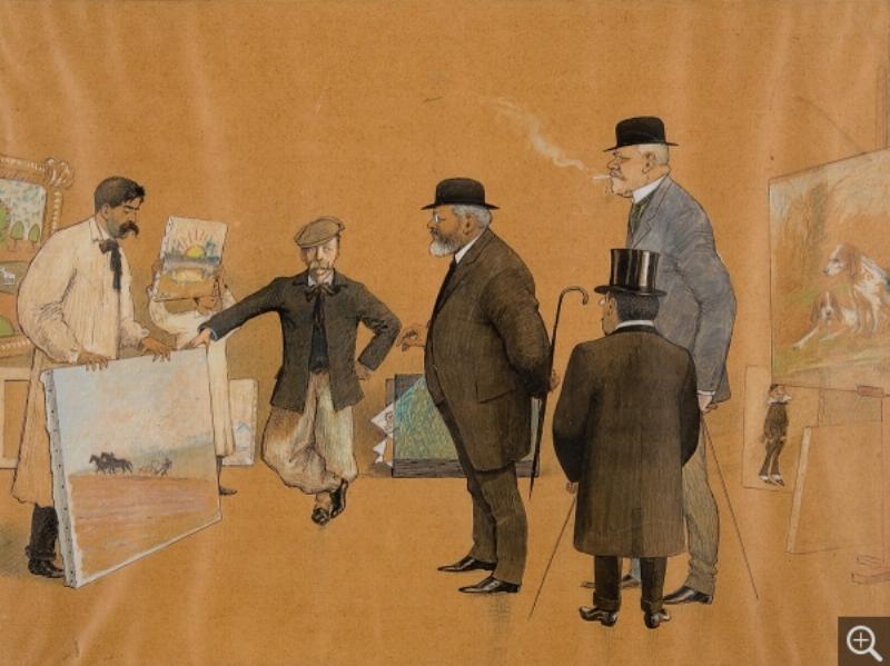 Une galerie d'art moderne présentant des chefs-d'œuvre de l'art français, avec des visiteurs observant les toiles