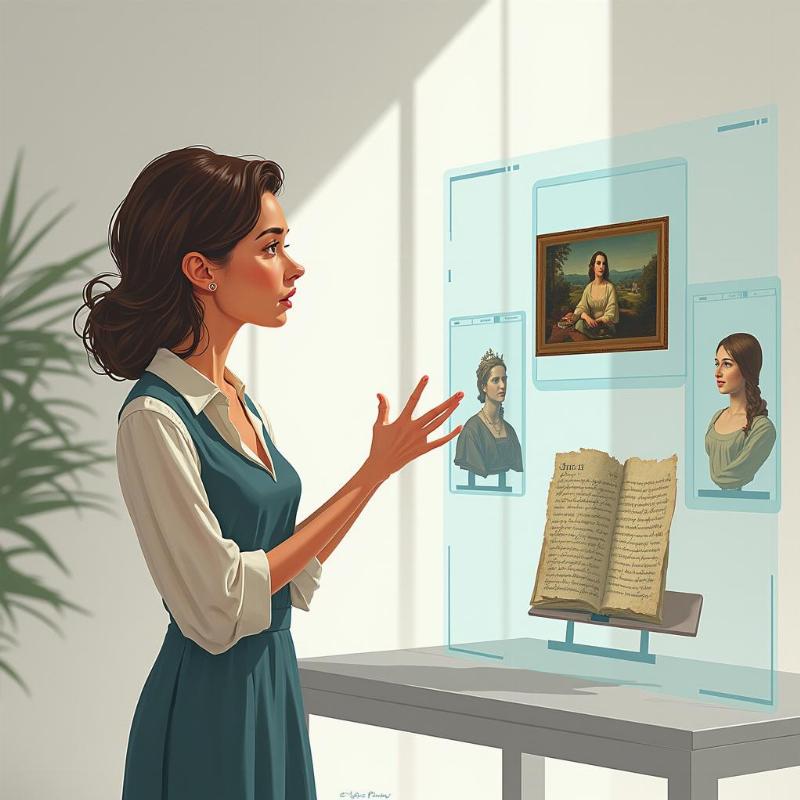 Illustration conceptuelle d'un conservateur interagissant avec une galerie d'art en ligne pour organiser une exposition sur le patrimoine français.
