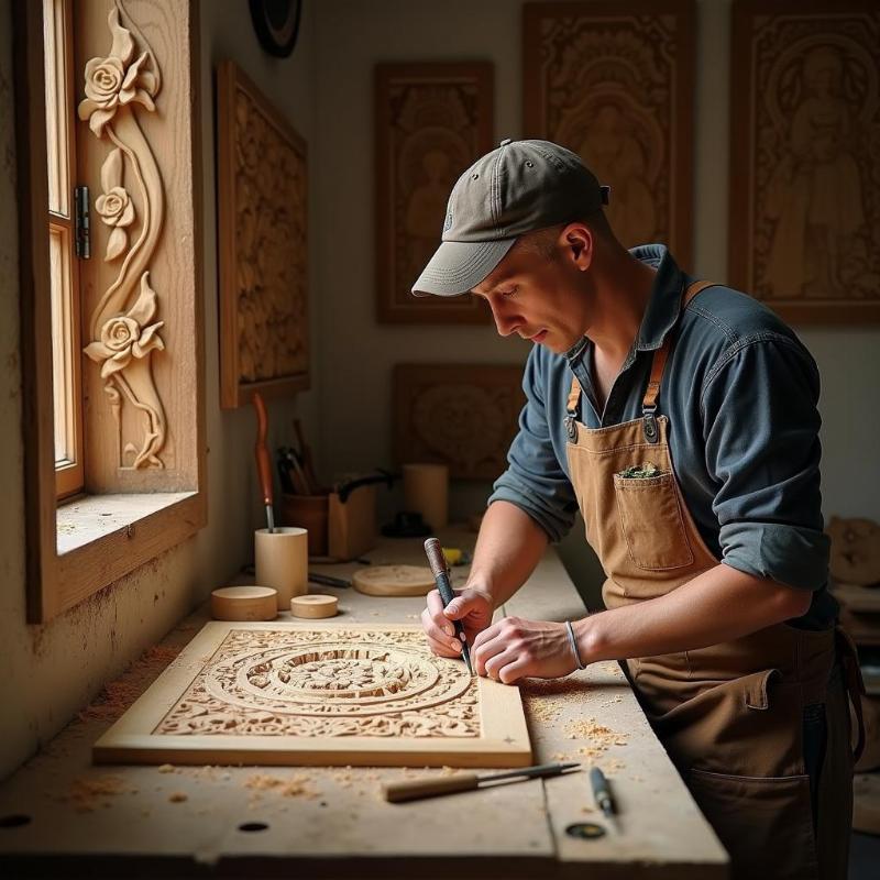 Un artisan sculpteur sur bois travaillant dans son atelier en France, créant un tableau mural en bois sculpté