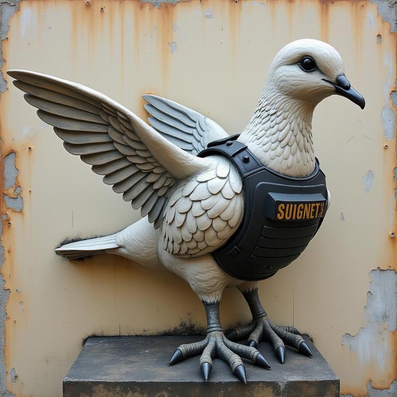 Statue Banksy colombe de la paix avec un gilet pare-balles, symbole de l'espoir menacé