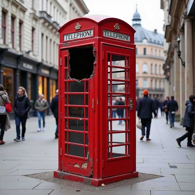 Banksy sculpture cabine téléphonique rouge tordue, critique de la société de consommation