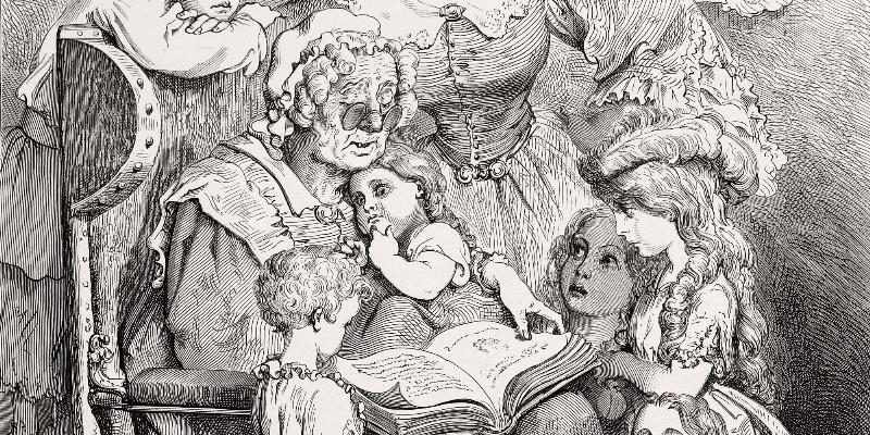 Gravure ancienne illustrant un conte de Perrault, avec des enfants lisant, évoquant le merveilleux et la classique littérature jeunesse française