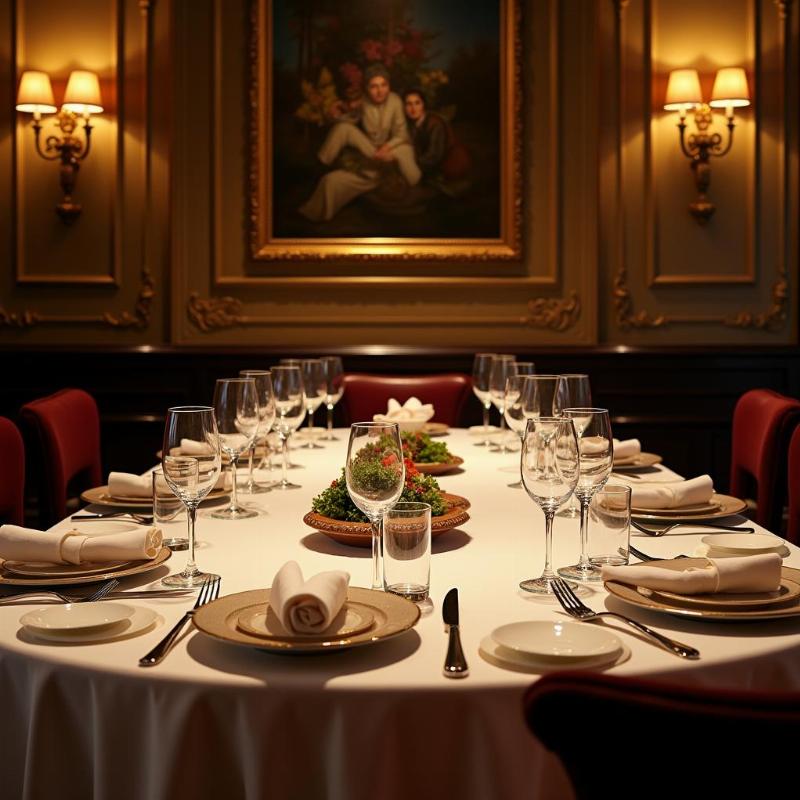 Une table dressée dans un restaurant parisien traditionnel, avec des mets fins et du vin, évoquant le dîner rituel des membres de l'Académie Goncourt avant l'annonce du prix.