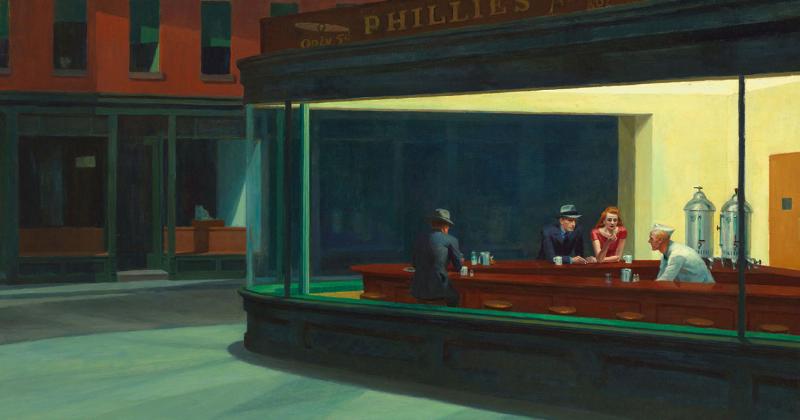 Une analyse de la composition et de la lumière dans le tableau emblématique "Nighthawks" d'Edward Hopper, représentant une scène de nuit isolée