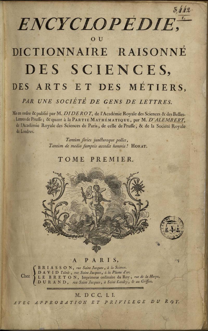 Une page ouverte de l'Encyclopédie de Diderot et d'Alembert, entourée de divers symboles de la connaissance et de l'innovation du XVIIIe siècle.