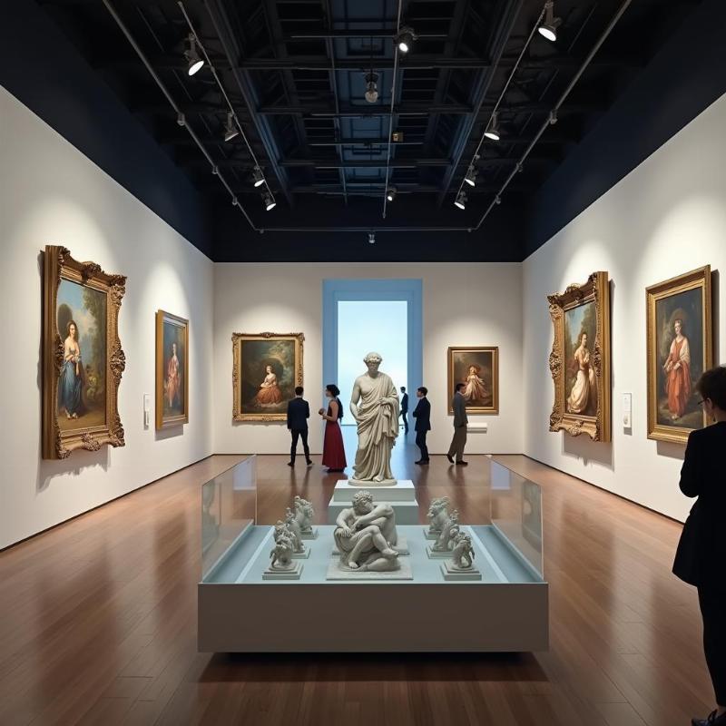 Une vue immersive d'une galerie d'art en ligne présentant une exposition virtuelle de chefs-d'œuvre français, optimisée pour l'accès numérique et la contemplation.