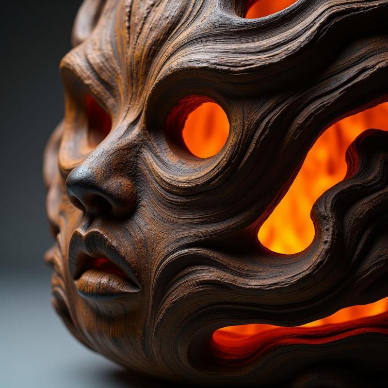 Détail d'une sculpture de Gil Bruvel réalisée avec la technique du feu, montrant des lignes fluides et des textures brûlées