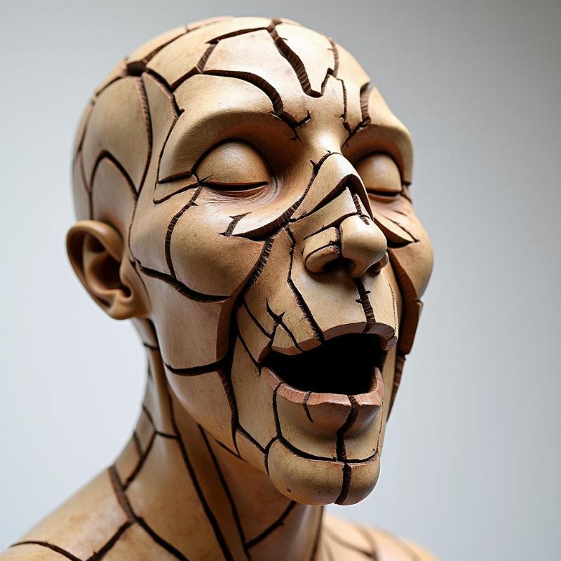 Sculpture de visage contemporain de Gil Bruvel avec des formes fragmentées en bois