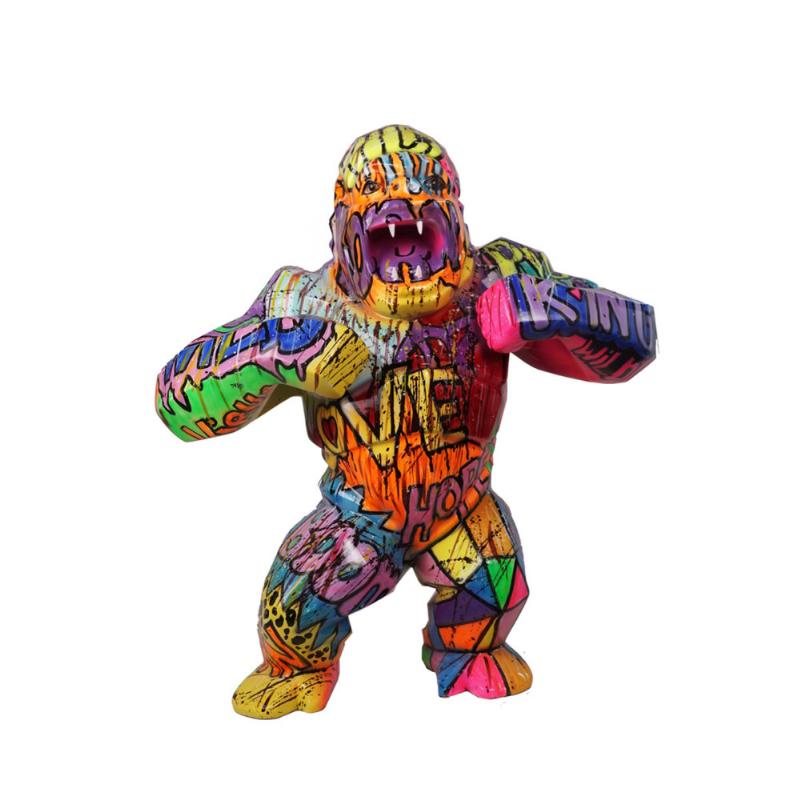 Gorille sculpture en résine colorée, art moderne et expressif