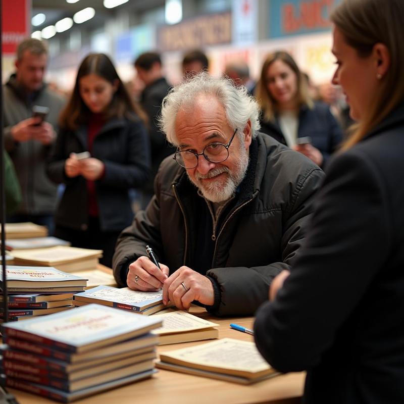 Hervé Le Tellier signant des exemplaires de L'Anomalie au Salon du Livre