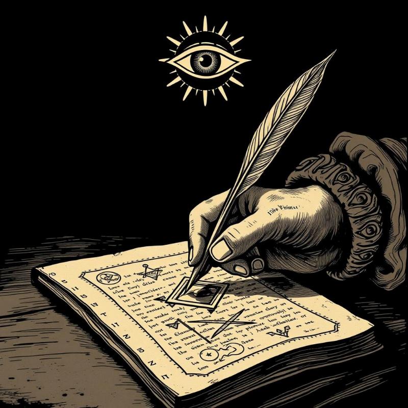 Représentation allégorique de la plume de Victor Hugo gravant des symboles ésotériques sur un parchemin ancien