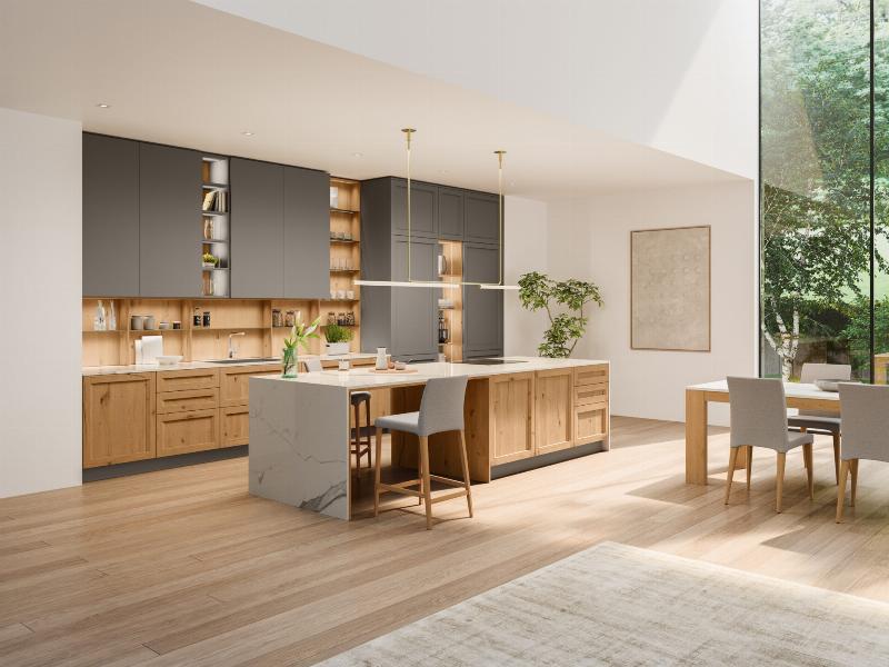 Cuisine rustique moderne française avec îlot central en bois, poutres apparentes et mobilier design