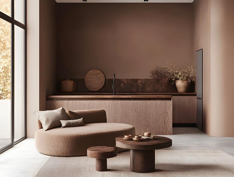 Intérieur de salon avec peinture café au lait, symbolisant sérénité et élégance française