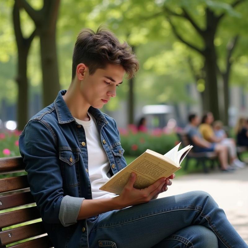 Jeune personne lisant un livre de littérature française moderne dans un parc à Paris