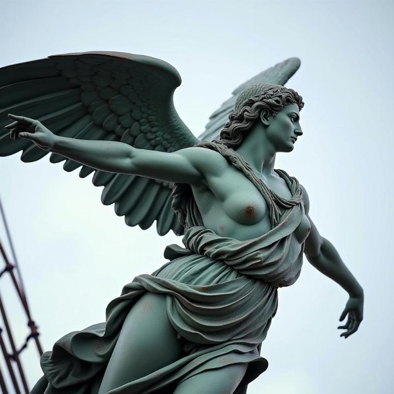 La Victoire de Samothrace, déesse ailée descendant sur la proue d'un navire, symbole de victoire et de puissance navale.