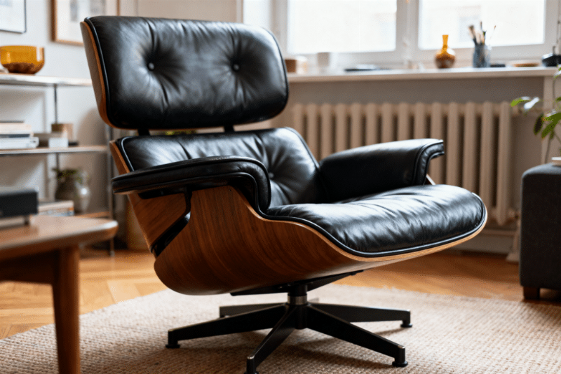 Détails de fabrication artisanale et de qualité d'une LC4 Le Corbusier authentique, mettant en valeur le chromage de l'acier et la texture du cuir.