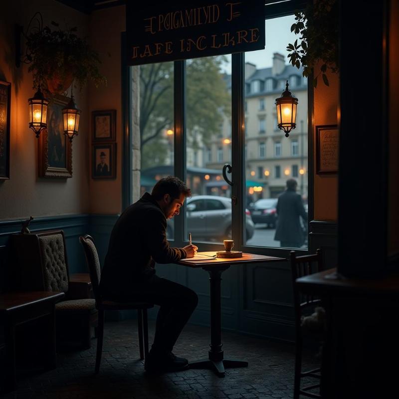 Un café parisien, ambiance sombre et mystérieuse, avec un écrivain solitaire à une table, plongé dans l'écriture d'un roman fantastique.
