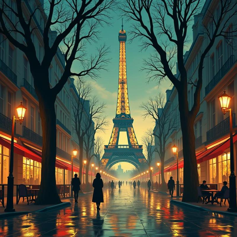 Une affiche de film de style art déco, représentant une scène fantastique se déroulant à Paris.