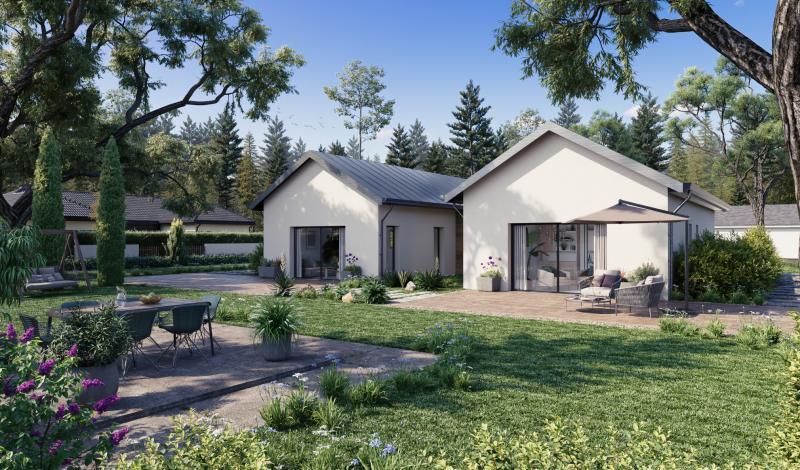 Maison d'architecture moderne avec de grandes baies vitrées et un design lumineux