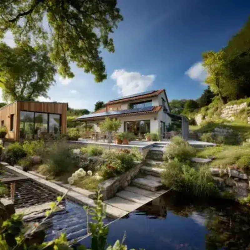 Maison moderne durable avec panneaux solaires et jardin écologique en France