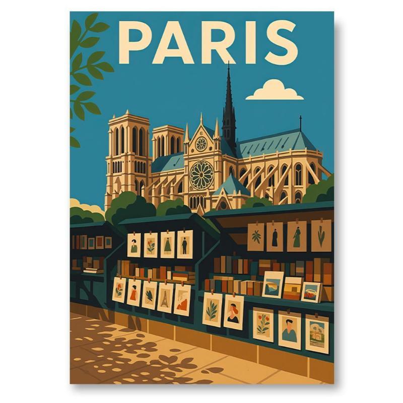 Un bouquiniste typique le long de la Seine avec Notre-Dame de Paris en arrière-plan