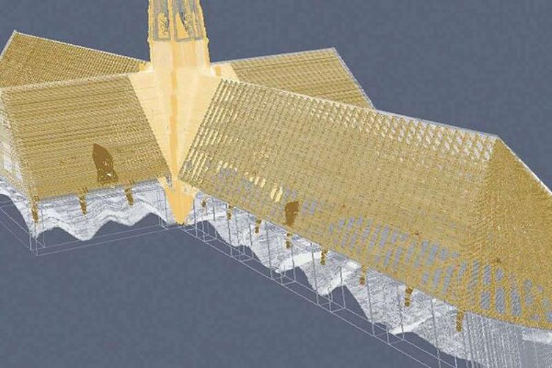 Maquette digitale détaillée de Notre Dame de Paris, toiture incendiée