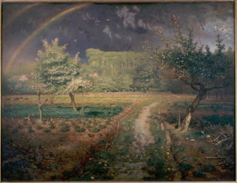 Un tableau impressionniste representant un paysage de printemps francais avec des arbres en fleurs