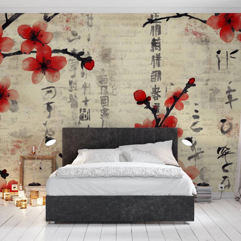 Peinture sur soie inspirée par les motifs japonais traditionnels, présentant des grues et des fleurs de cerisier dans une palette douce