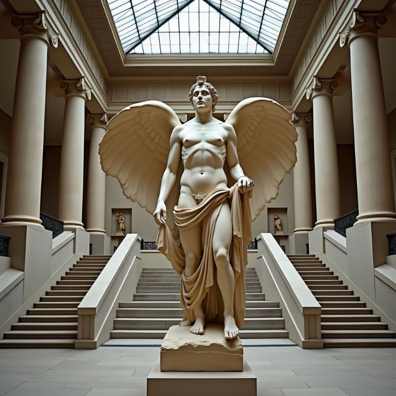 La Victoire de Samothrace exposée en haut de l'escalier Daru au Louvre, offrant une vue impressionnante et iconique.