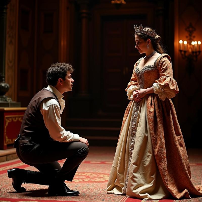 Une scène emblématique de Ruy Blas sur scène, avec des costumes historiques et une mise en scène dramatique.