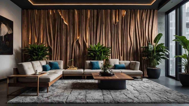 Sculpture bois design écologique et durable, utilisant des bois recyclés avec des formes géométriques et organiques modernes, mise en scène dans un intérieur contemporain lumineux.