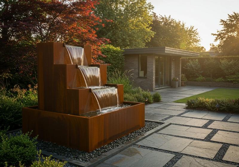 Sculpture en bois extérieur abstraite dans un jardin moderne, intégrant des formes organiques et des jeux de lumière naturelle pour une expérience immersive.