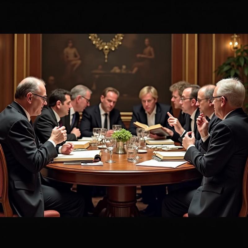 Jury Goncourt débattant de la sélection des romans en lice pour le prix, au restaurant Drouant