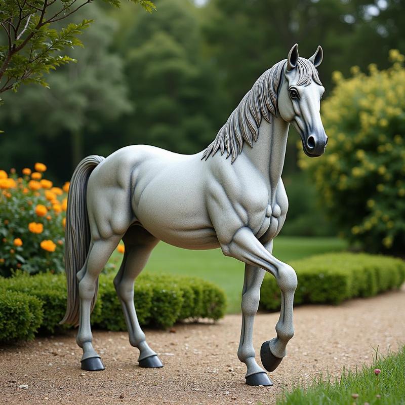 Statue de cheval grandeur nature en résine, placée dans un jardin.