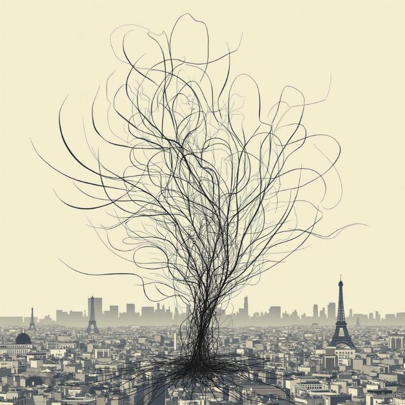 Représentation visuelle et abstraite de la structure narrative complexe du roman lauréat du Goncourt 2020, utilisant des lignes entrelacées pour symboliser les destins croisés.