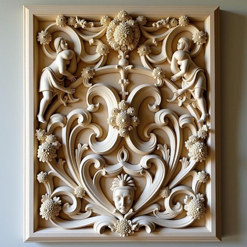 Tableau mural en bois sculpté style Renaissance avec motifs floraux et figures mythologiques