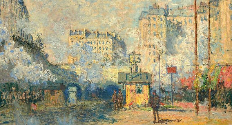 Une toile peinture impressionniste française capturant les effets éphémères de la lumière sur un paysage. Couleurs vives et touches de pinceau visibles.