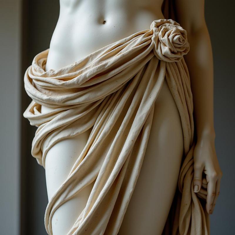 Détail de la draperie de la Victoire de Samothrace, illustrant la finesse et le réalisme exceptionnels de la sculpture hellénistique.