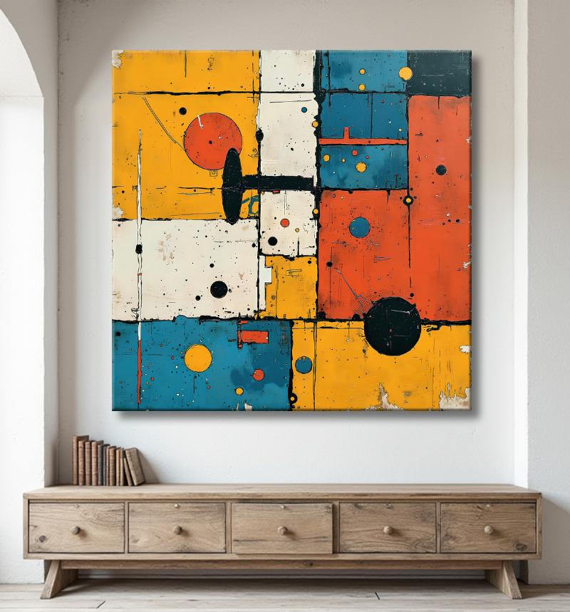 Peinture minimaliste moderne française, abstraction géométrique, couleurs primaires, élégance pure