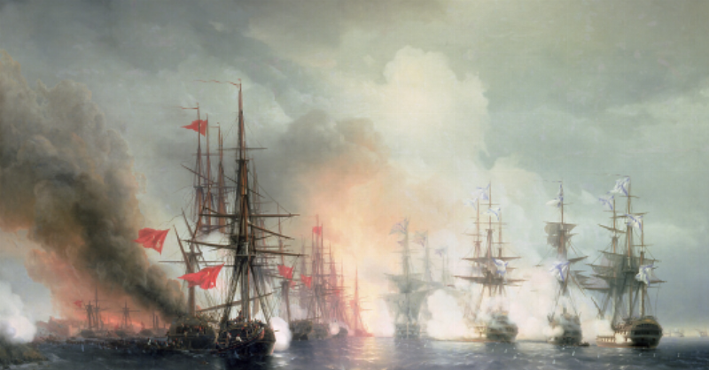 Peinture romantique d'une bataille navale historique en mer, style Aïvazovski