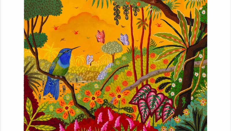 Peinture d'Alain Thomas représentant des oiseaux exotiques dans une forêt luxuriante avec des détails colorés