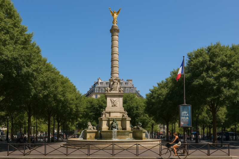 Ambiance animée d'une rue parisienne près de Notre Dame des Victoires, avec des cafés et des passants, reflétant la vie culturelle du quartier.