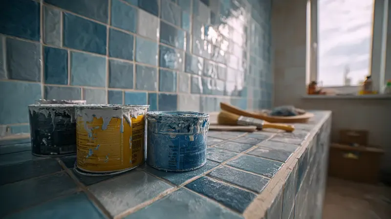 Application méticuleuse de peinture pour carrelage salle de bains, étape par étape, pour un fini parfait