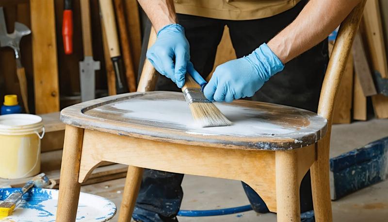 Application minutieuse de peinture polyuréthane sur un meuble en bois, avec un pinceau de qualité pour une finition parfaite