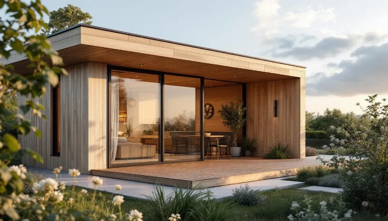 Structure urbaine en architecture bois moderne avec façades en bois et grandes baies vitrées