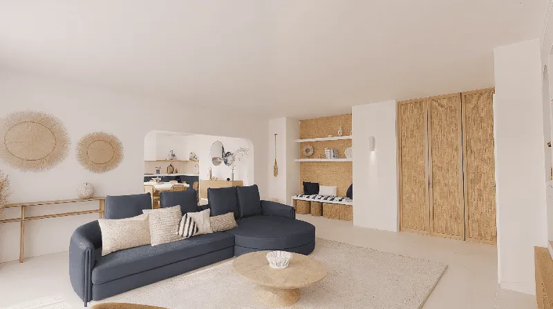 Un salon moderne avec des meubles design minimalistes, de grandes baies vitrées et une œuvre d'art abstraite