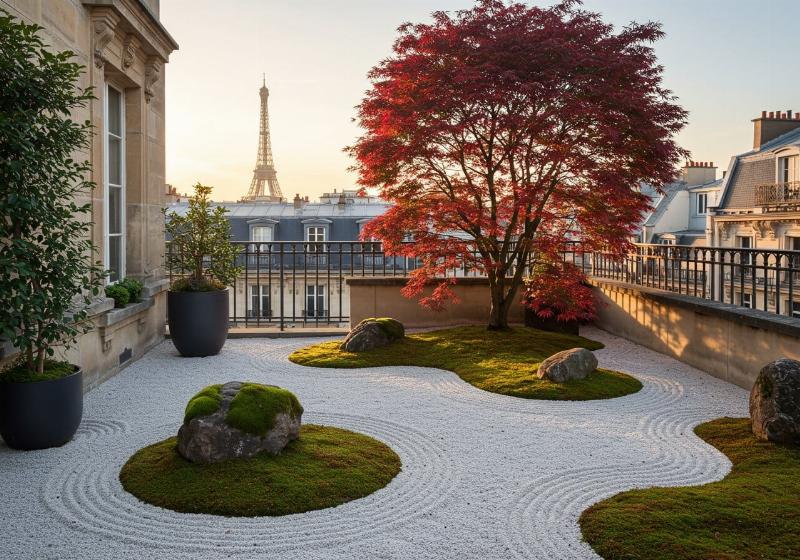 Une maison moderne japonaise aux lignes épurées et à l'intégration paysagère harmonieuse, symbolisant la sérénité du design