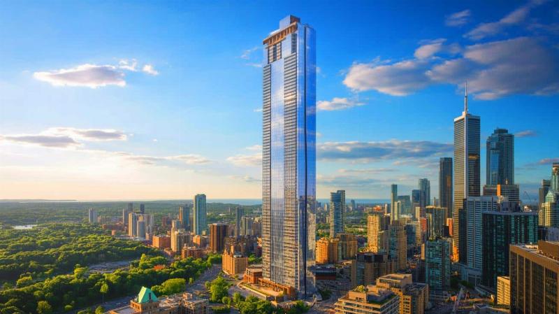 Façades de verre et d'acier d'un gratte-ciel moderne à Toronto, reflétant le ciel urbain