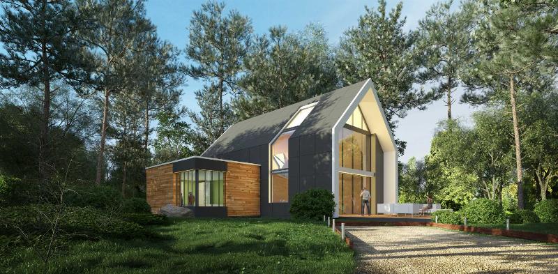 Une façade de bâtiment scandinave moderne utilisant des matériaux naturels et durables comme le bois et de grandes fenêtres